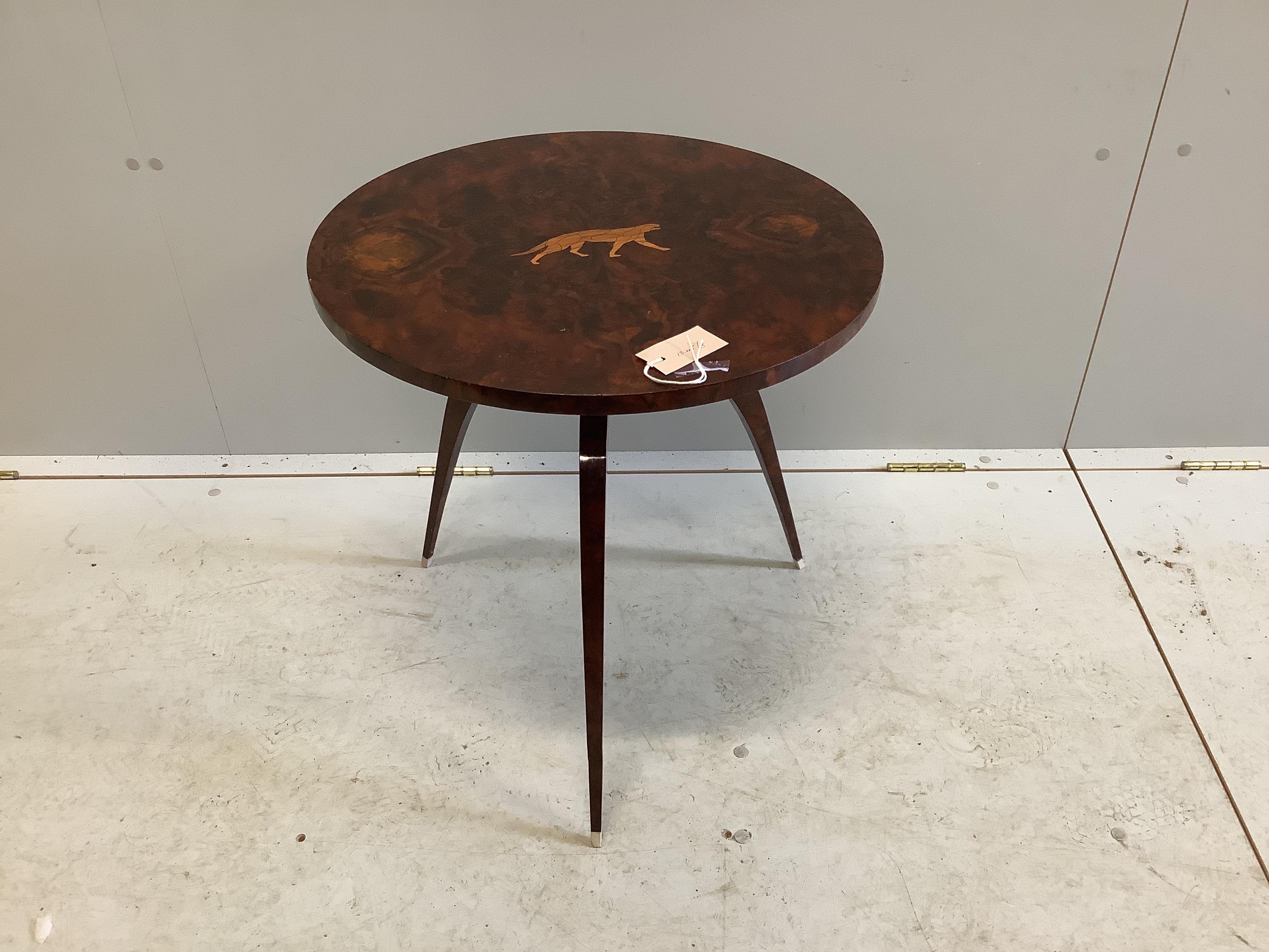 An inlaid burr walnut circular occasional table in the manner of Rhullman, diameter 52cm, height 53cm